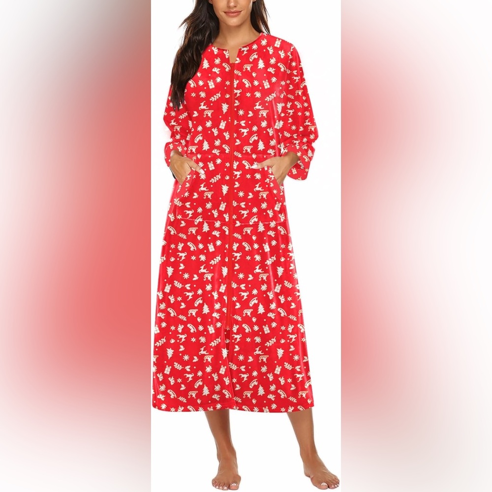 Ekouaer Women’s Christmas Zip Up Robe Size XL Red Holiday Pajamas NWT